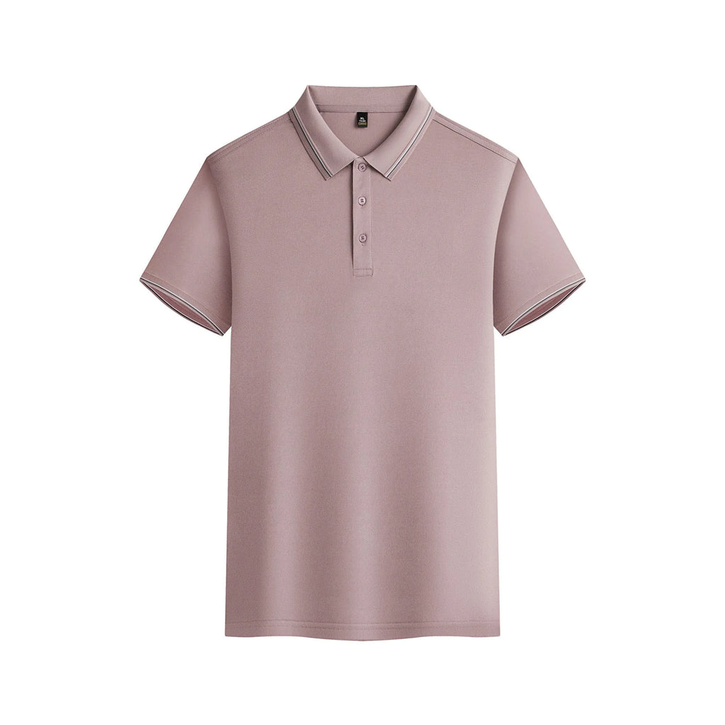 Men's navy blue quick-dry polyester polo shirt with short sleeves on hanger