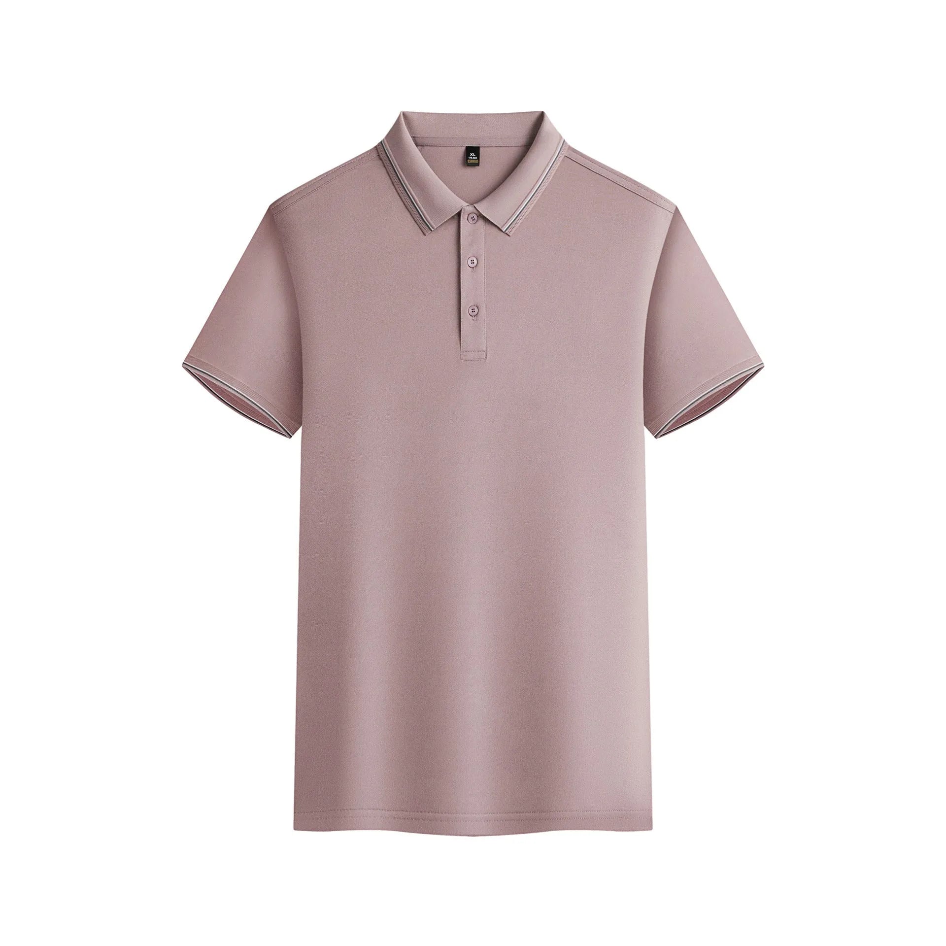 Men's navy blue quick-dry polyester polo shirt with short sleeves on hanger