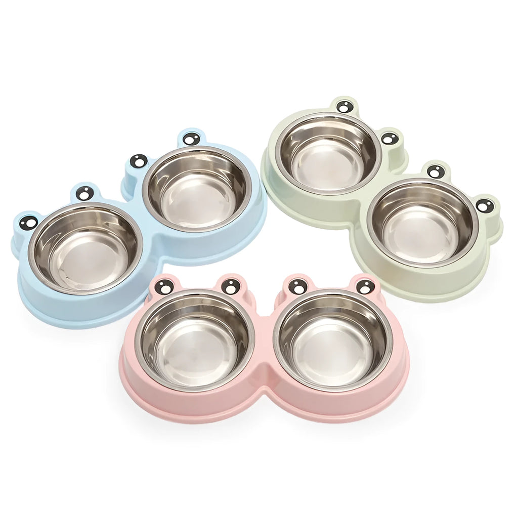 Stainless steel pet double bowl with frog design for cat and dog food and water.