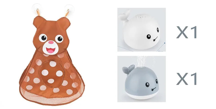 White and blue electric whale bath toy spraying water with flashing lights on a bathroom surface.