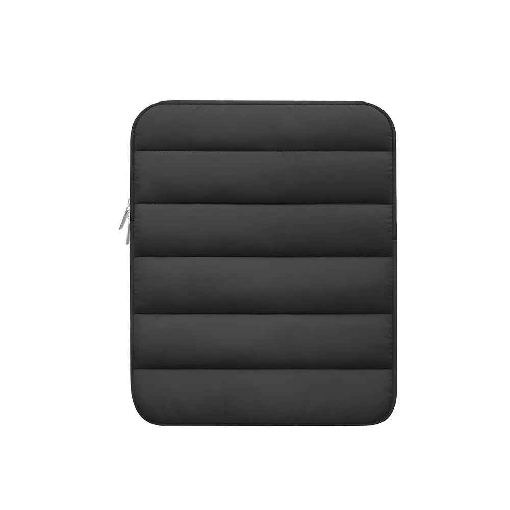 Fluffy air feeling laptop sleeve with elastic sides for 9.7 to 11 inch devices in black, khaki, or silver.