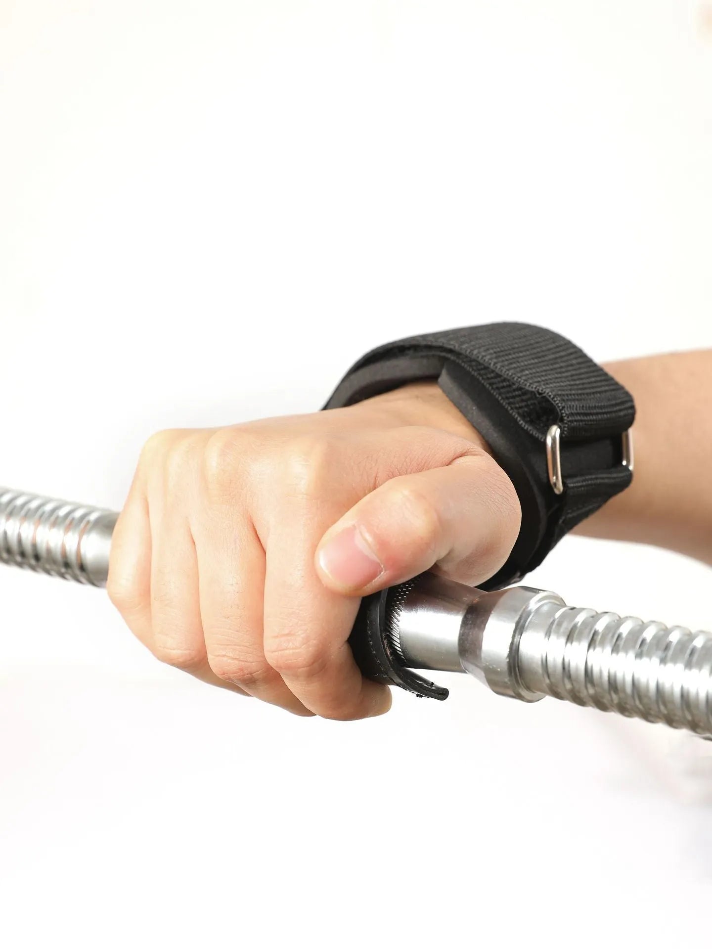 A pair of black rubber palm protection assist belts for rock climbing and weightlifting.