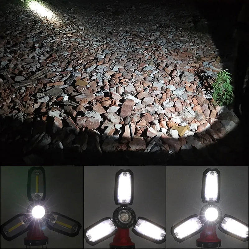Red LED camping light with 8 lighting modes and built-in 18650 battery, shown in table lamp position