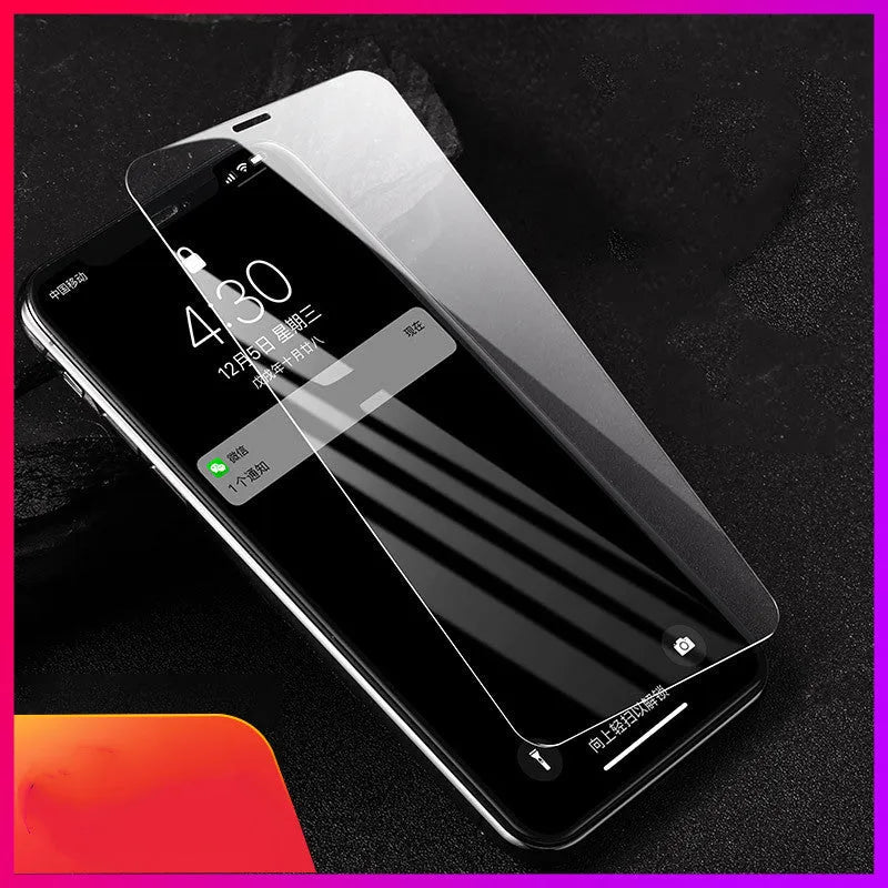 Tempered glass screen protector for Apple iPhone models on a clean surface.