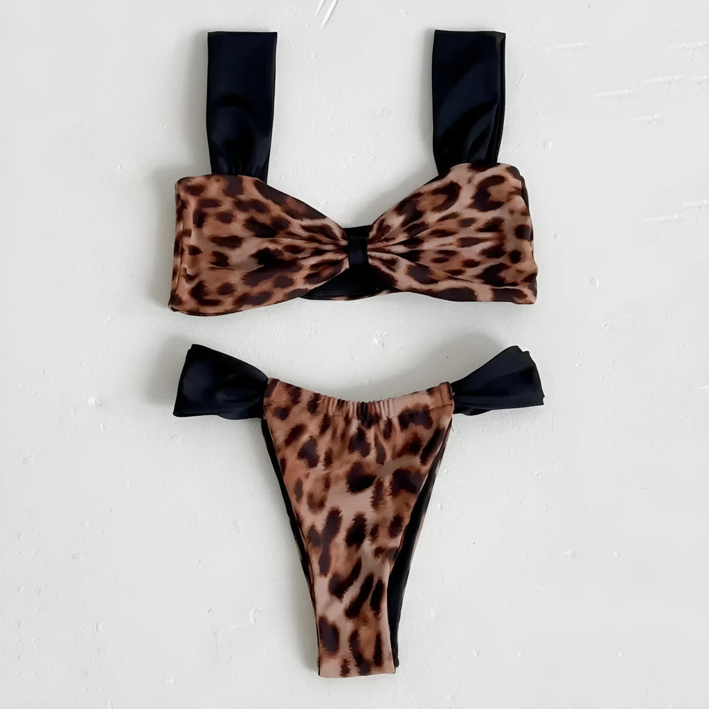 Women's black leopard print bikini swimsuit with tube top and Asian sizing options