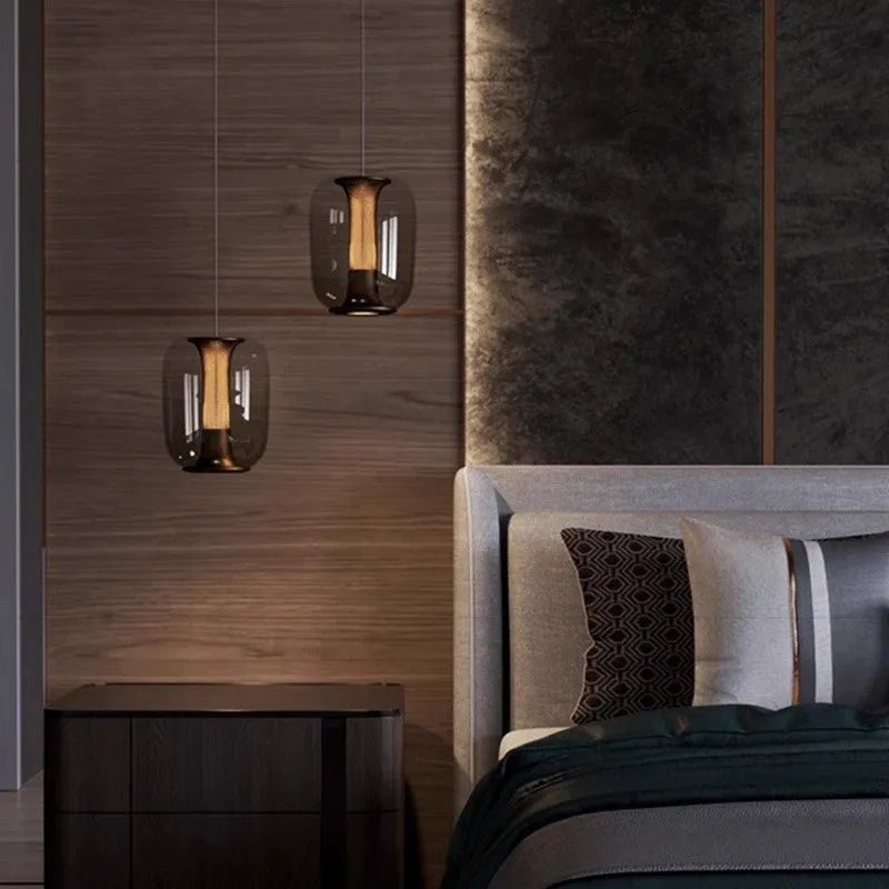 Minimalist Nordic chandelier in clear, cognac, or smoky grey colour, 16 cm wide by 20 cm high.