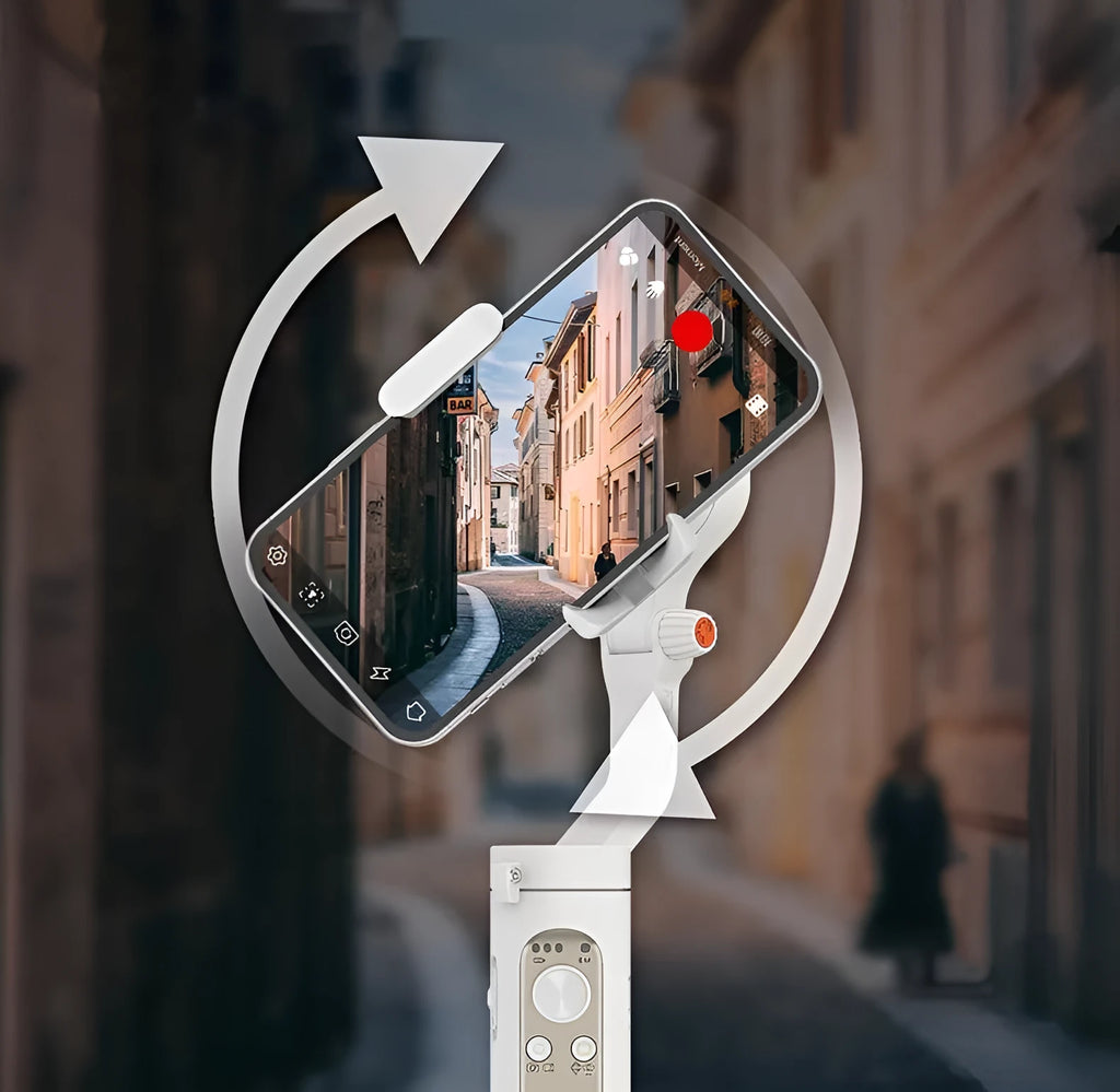 Black 3-axis mobile phone gimbal stabiliser shown in folded position