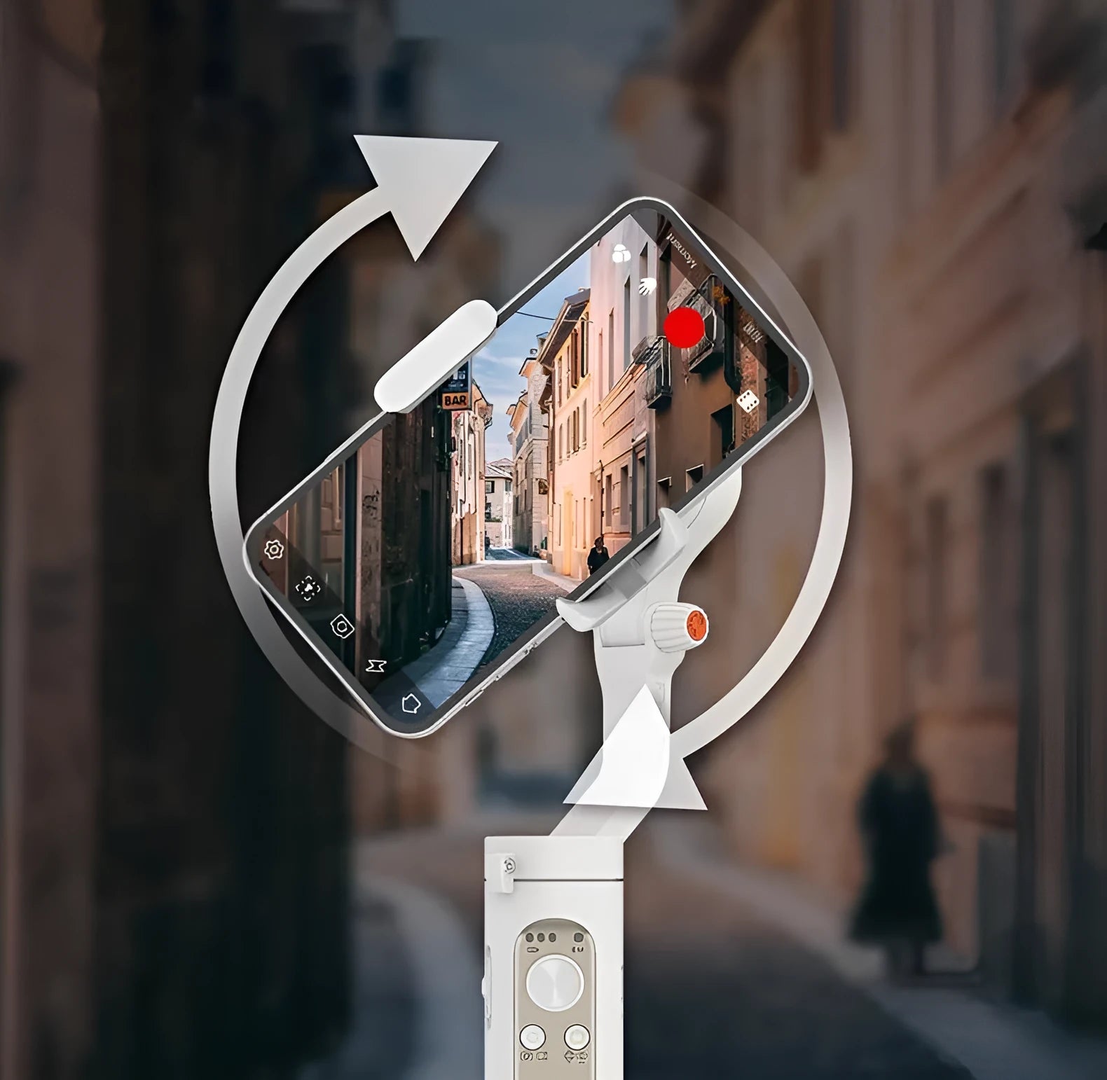Black 3-axis mobile phone gimbal stabiliser shown in folded position