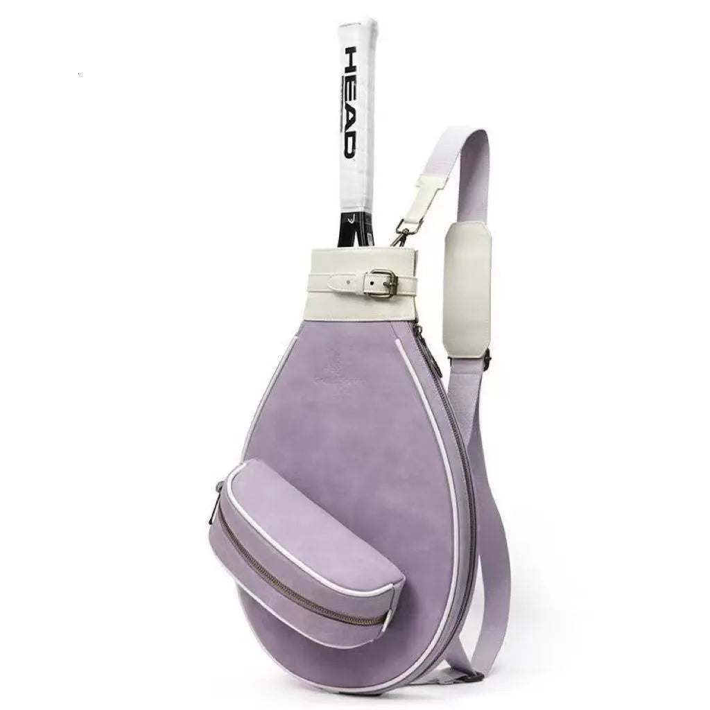 Retro-style leather badminton bag for women with a single shoulder strap, shown in a selection of colours.