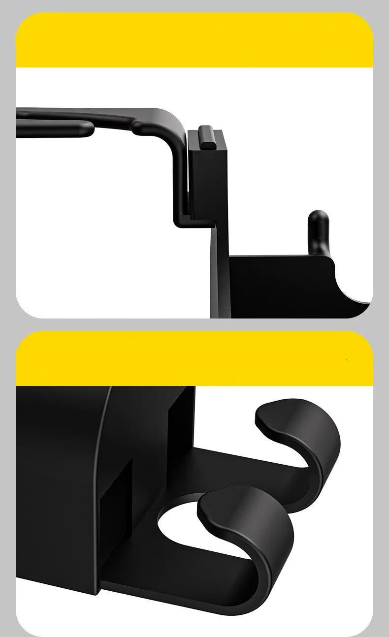 Black plastic car seat back organiser hook with cup holder and hanging hook