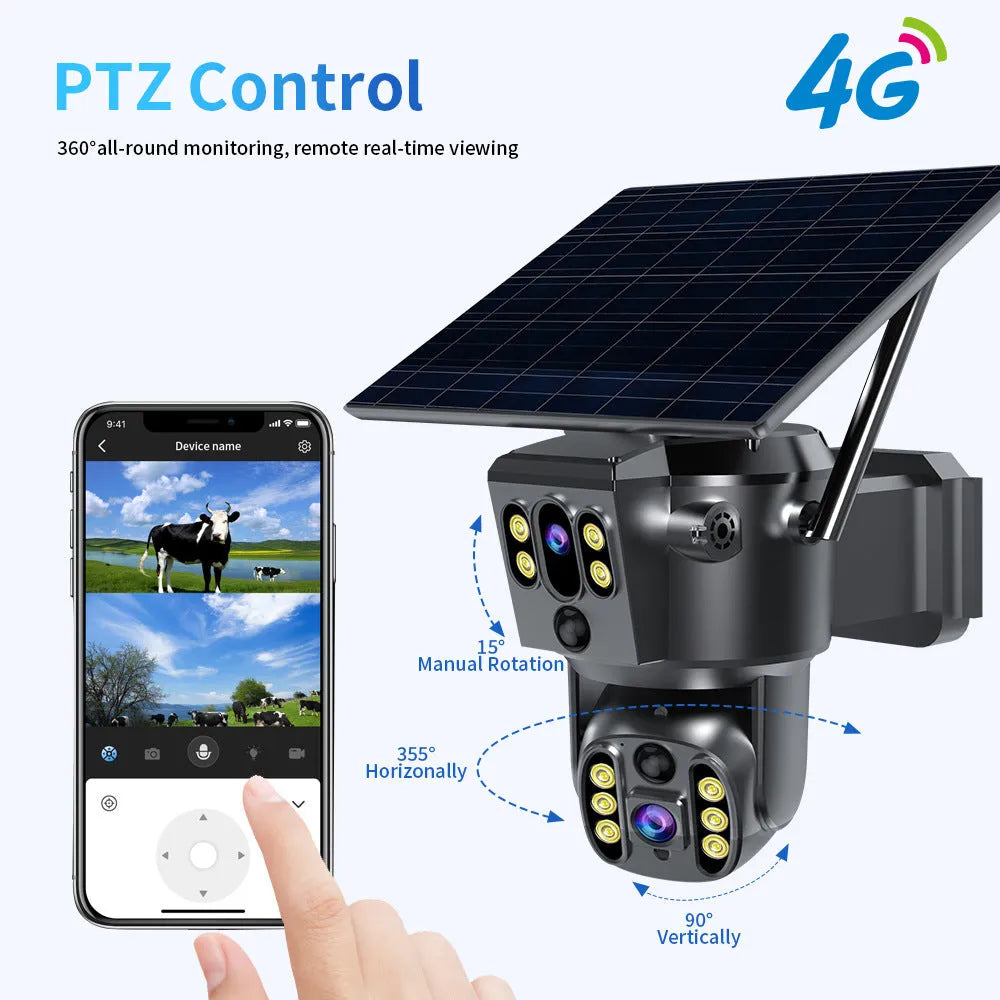 Solar-powered outdoor security camera with wall bracket and dual lens monitor.