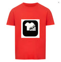 Red and white striped short sleeve T-shirt in Japanese retro style, laid flat.