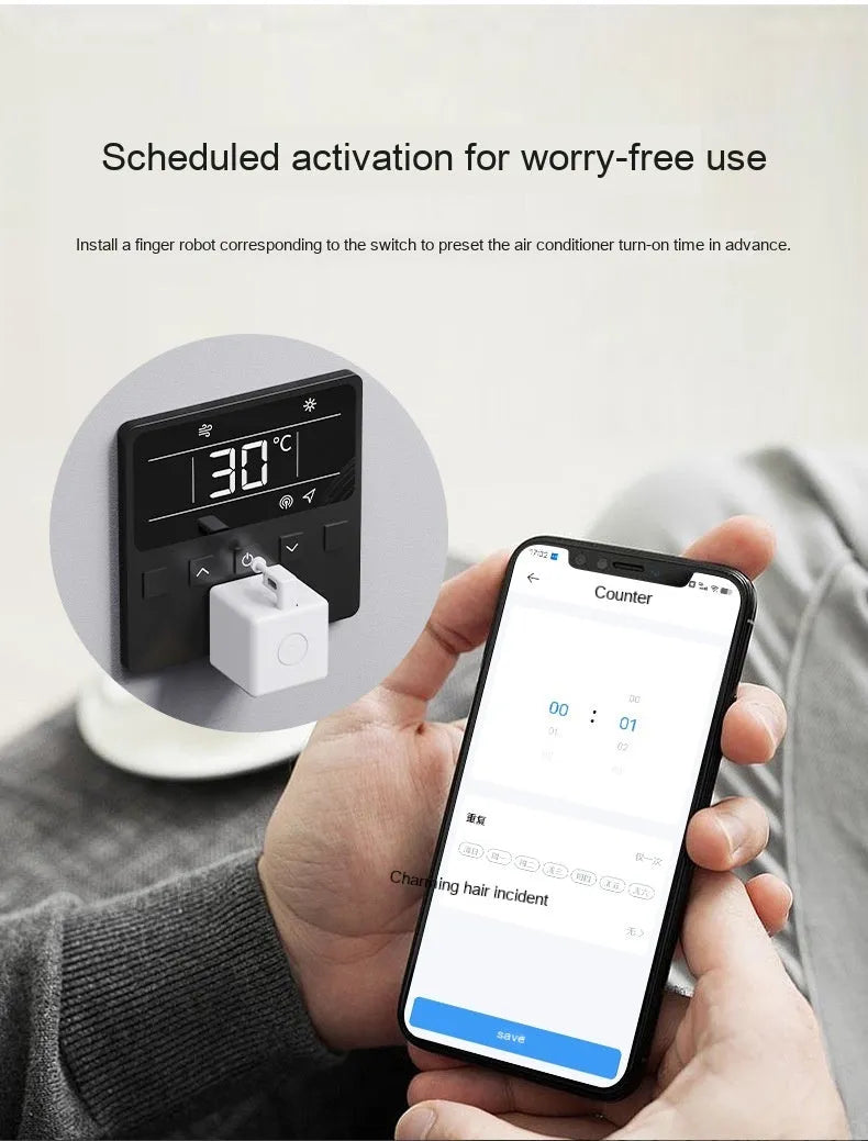 Intelligent Bluetooth Finger Robot voice control remote controller in white, compact size 34.5x34.5x46.5mm