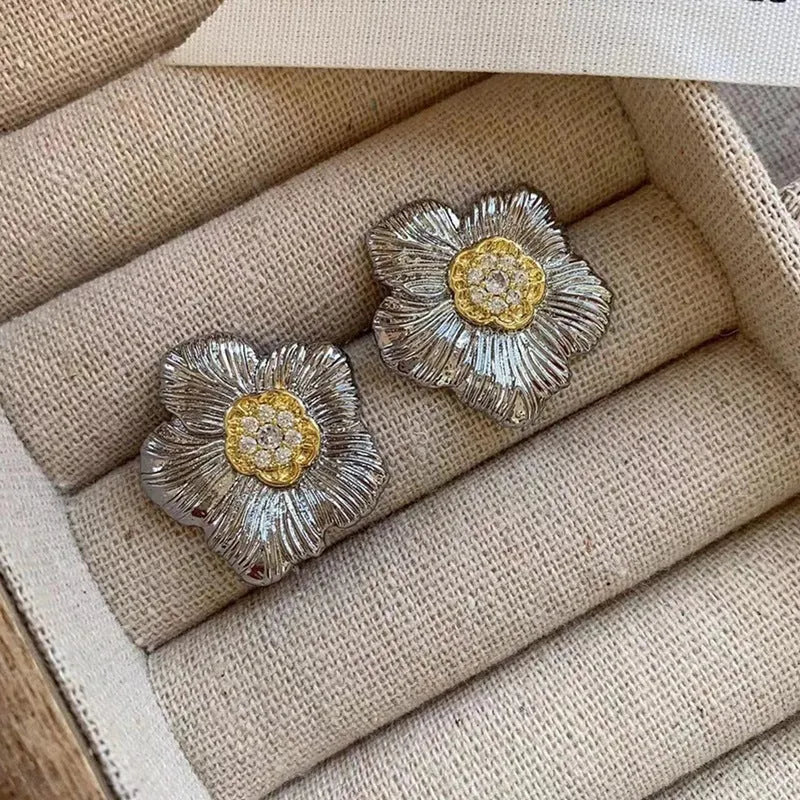 Retro gardenia stud earrings with two-tone colour and textured floral design