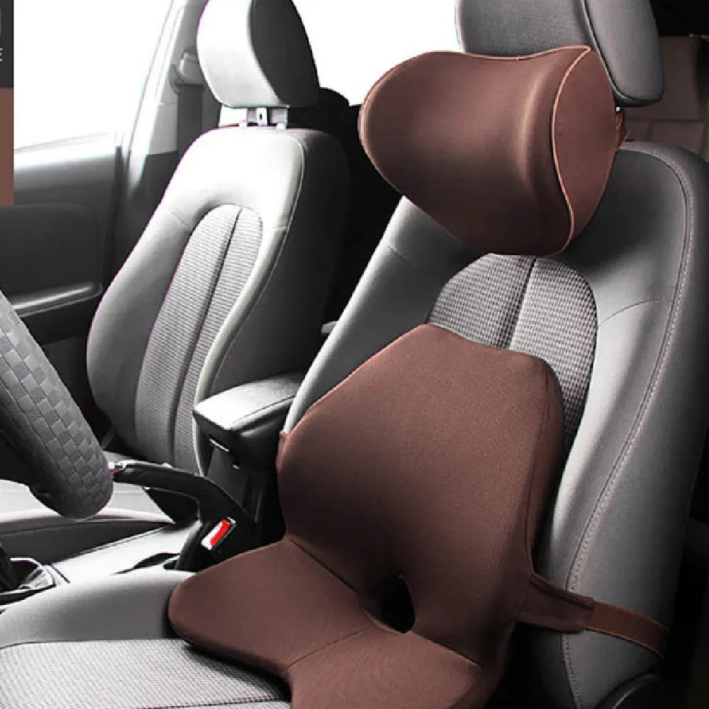 Car lumbar support cushion with memory foam, shown in beige and black, featuring a one-piece design.