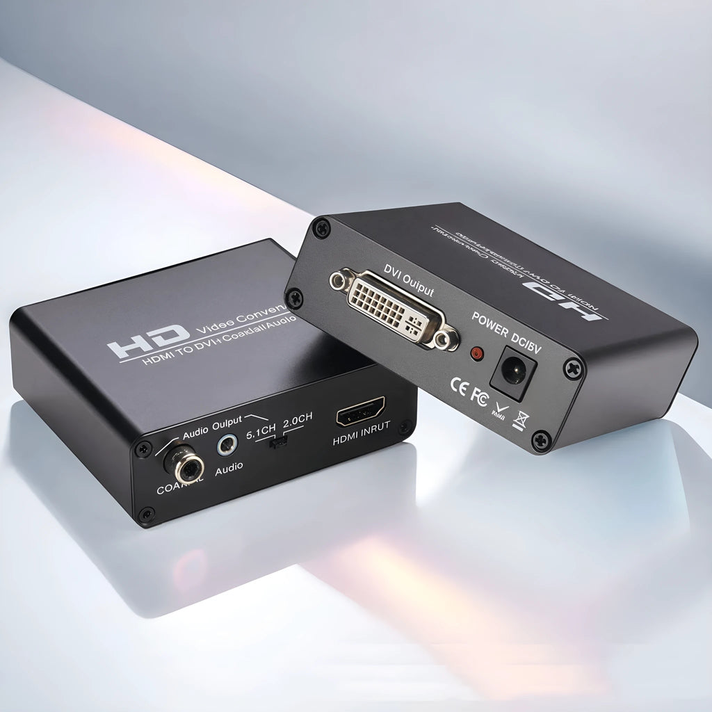 Black HDMI to DVI digital converter with coaxial audio output port and a 1.5-metre black connection cable.