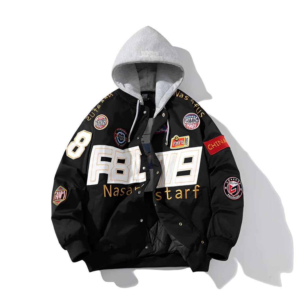 American motorcycle baseball uniform jacket in black with detachable hood and side seam pockets