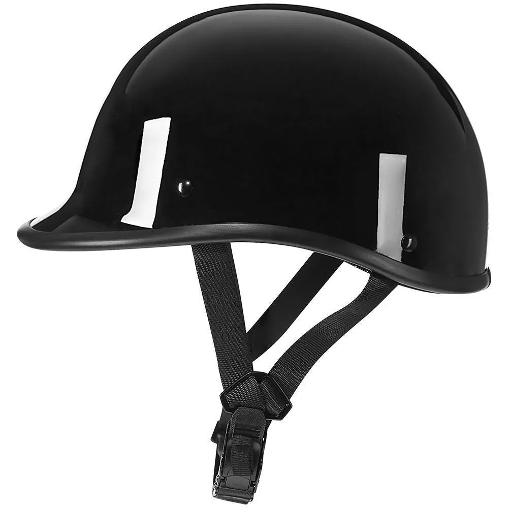 Retro hand-curved motorcycle helmet in ABS construction showing colour options including matte black, bright black, white, cement grey and carbon fibre