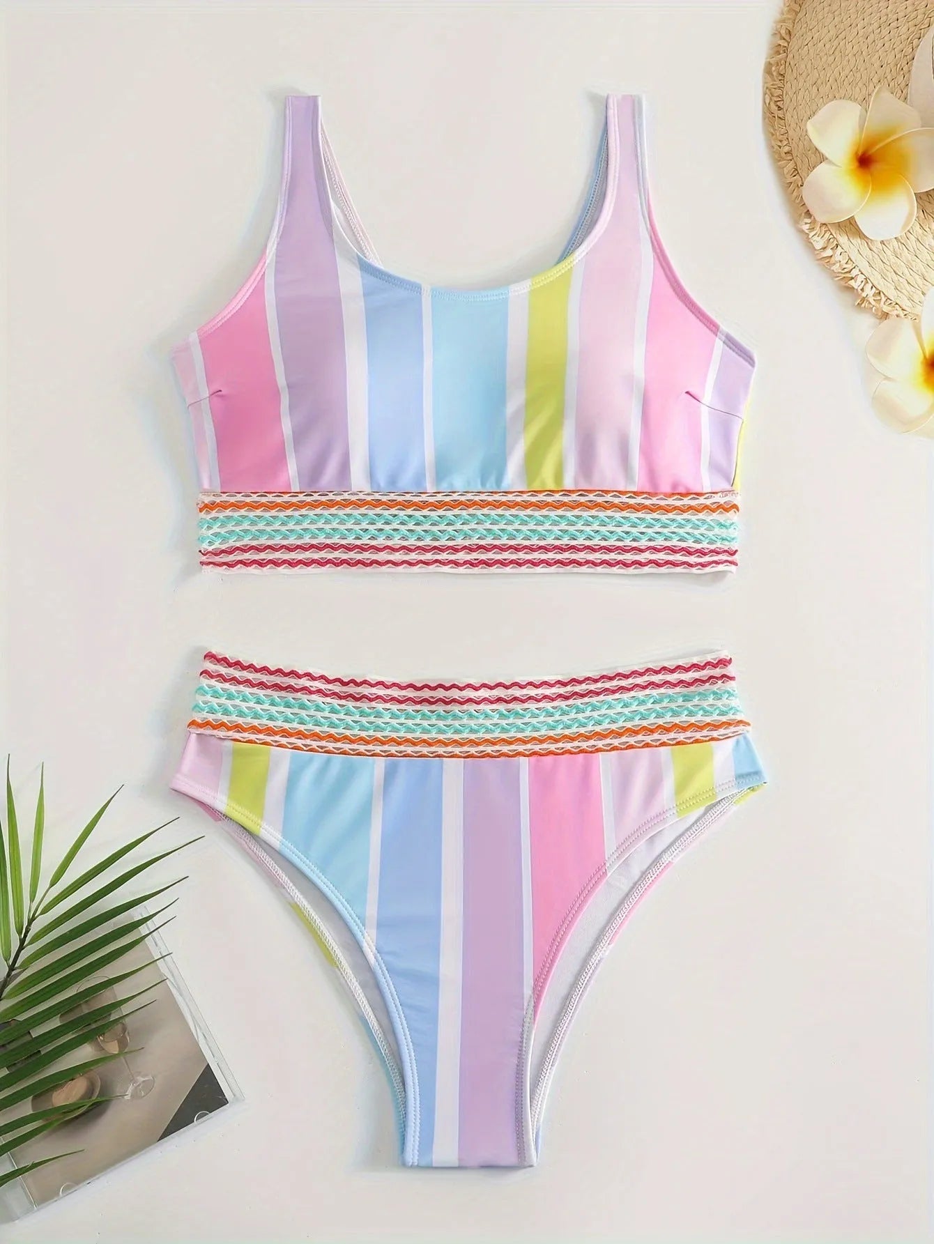 Women's striped sports bikini set with a top and briefs in a European/American pattern style.