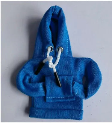 Blue cloth car gear shift knob hoodie cover shown on a gear lever.