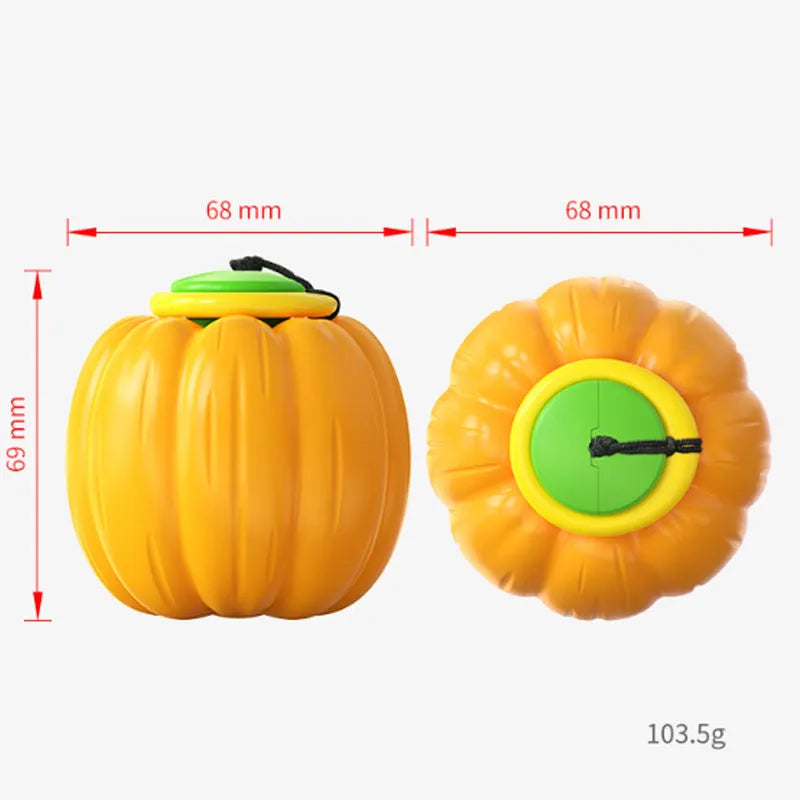 Pumpkin-shaped plastic dog chew toy with squeaker for small dogs in green, orange, yellow