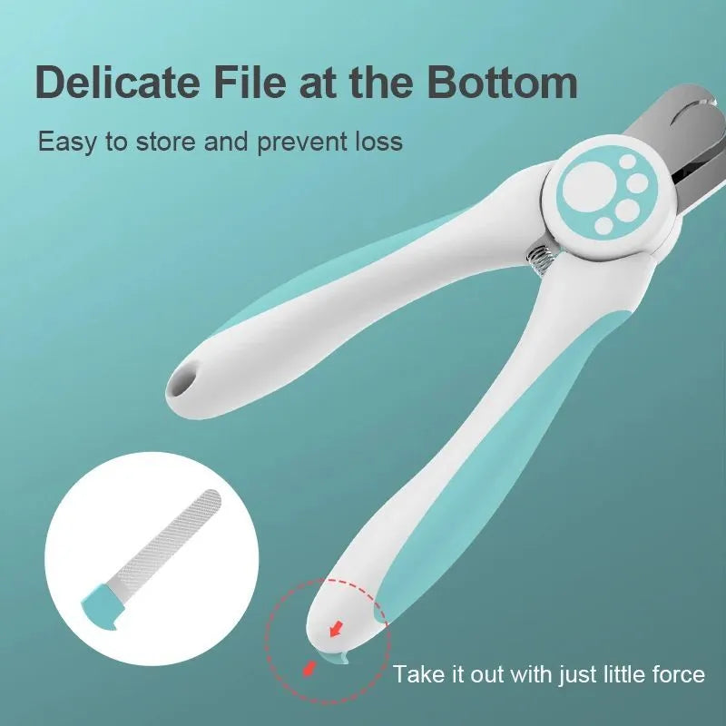 Blue and white pet nail clippers with ergonomic handles and a safety lock, shown with a nail file.
