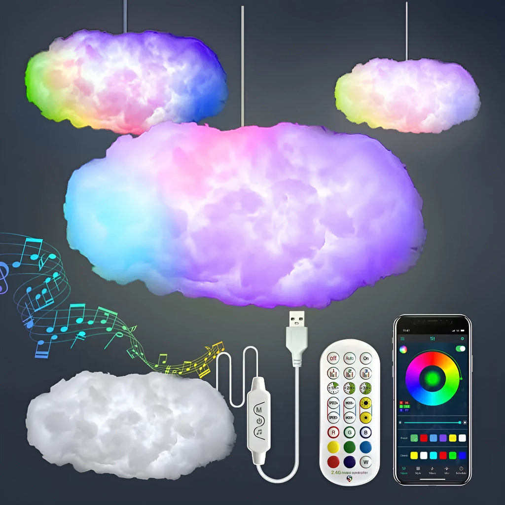 Large white fabric cloud shaped USB light hanging from ceiling with multi-colour RGBIC glow.