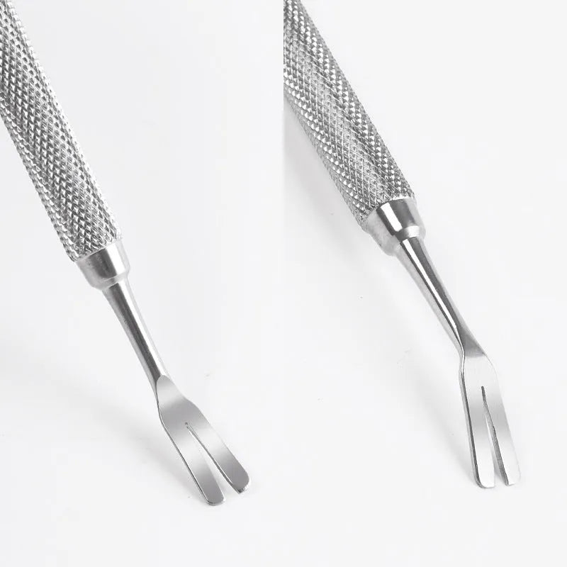 Silver stainless steel tick removal tweezers for pets on a plain background.