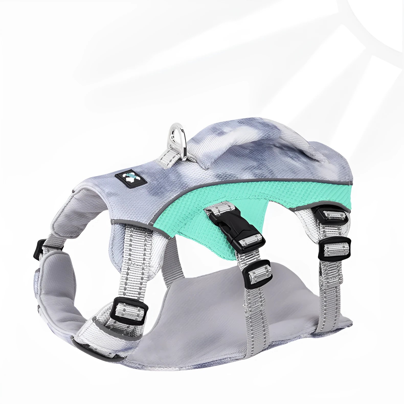 Light blue reflective dog chest strap made of polyester for walking safety.