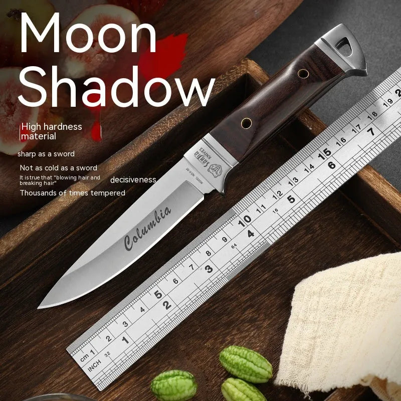 Stainless steel camping fruit knife with leather sheath case.