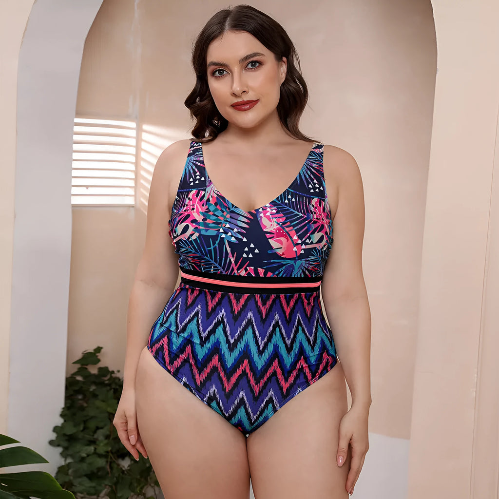 Women's printed spaghetti straps one-piece swimsuit with striped vest design for swimming sports
