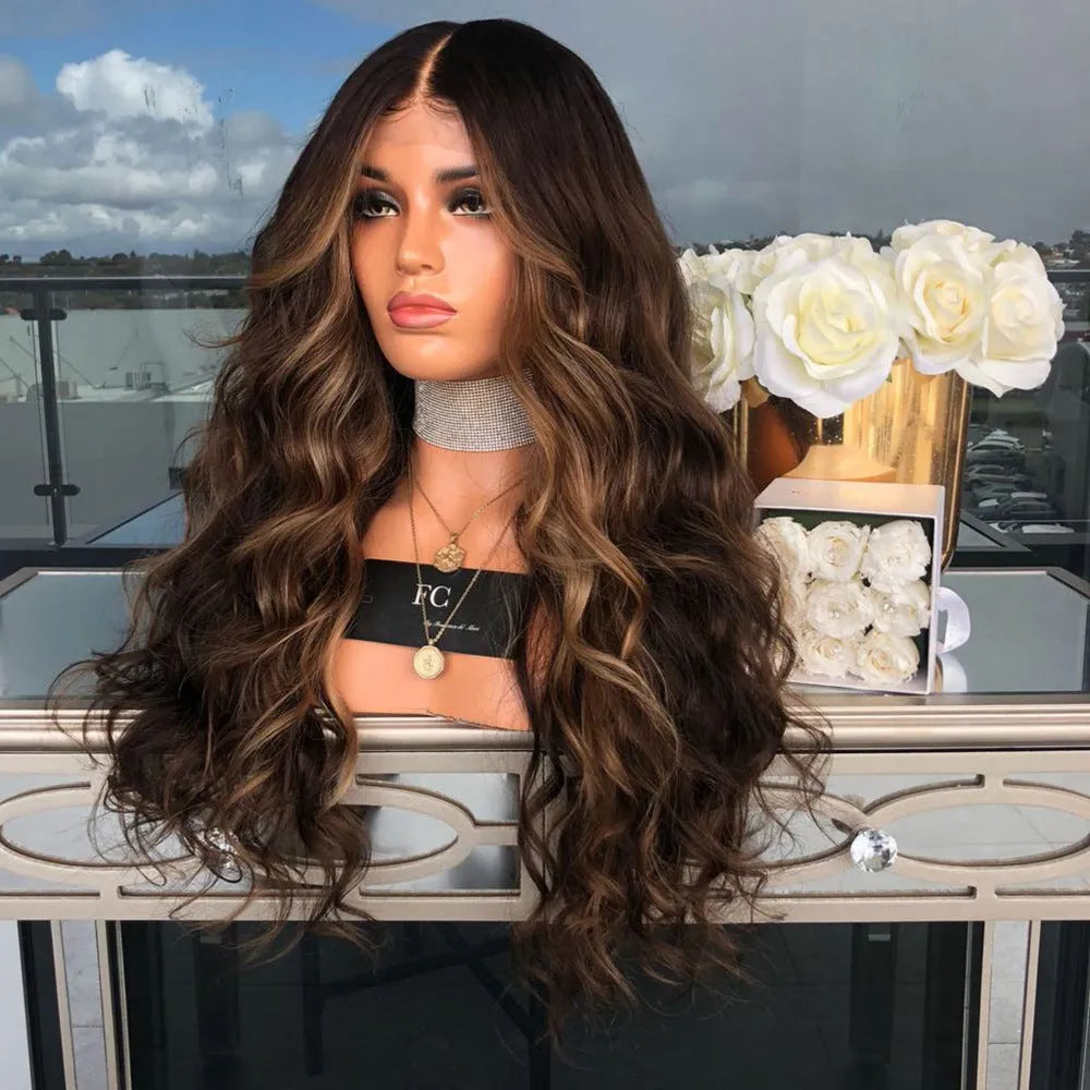 Long brown wig with high temperature wire hairline on a mannequin head