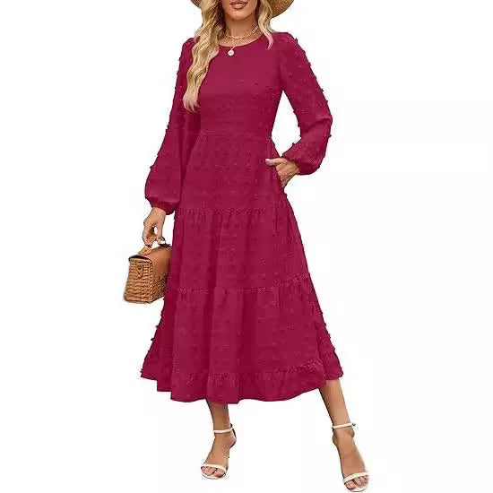 Women's long sleeve high waist dress with ruffled sleeves in a solid colour.