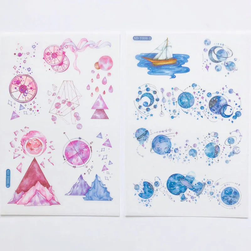 Japanese paper sticker sheet set with fantasy stars pattern, size 10.5 by 14.1 cm