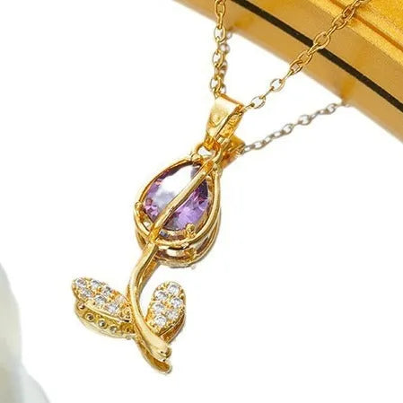 Zircon tulip necklace for women with copper-plated gold flower pendant on titanium steel chain.