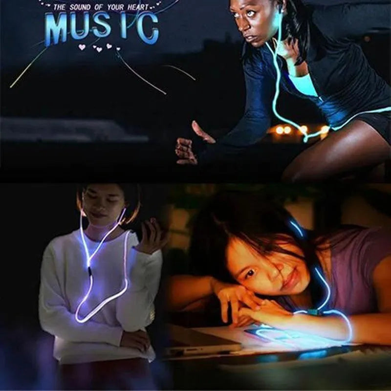 Blue LED light-up earphones with aluminium alloy shells and a 3.5mm plug, showing illuminated EL lines.