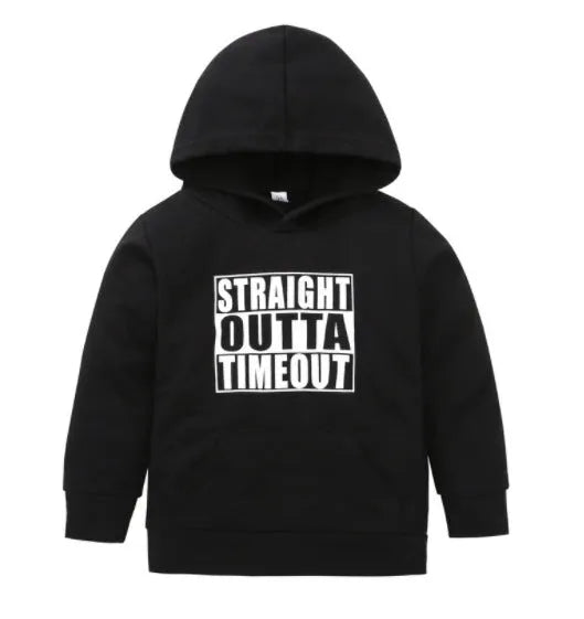 Black and white boys' hooded cotton sweater with letter pattern design and long sleeves