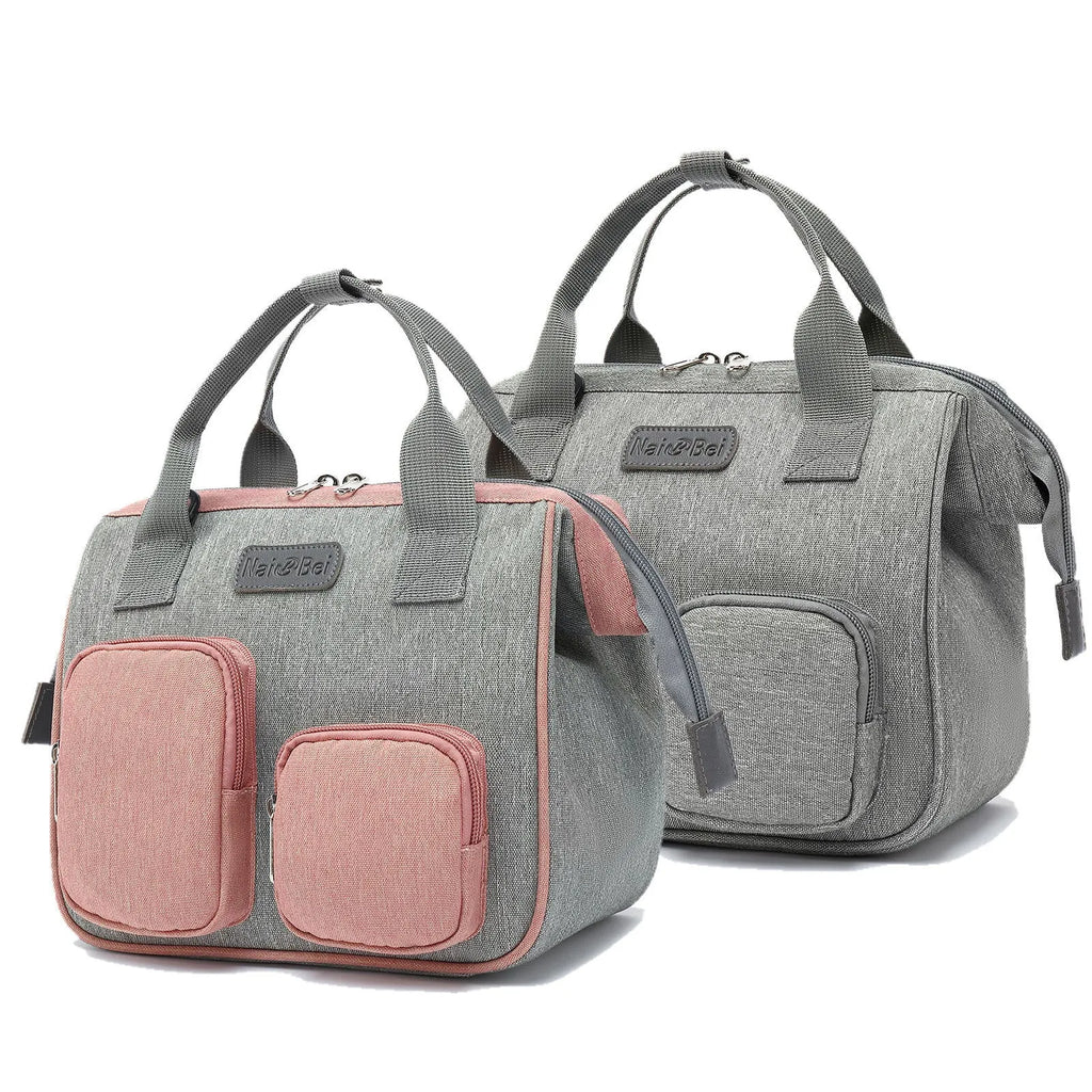 Grey Oxford cloth handbag showing its three-dimensional front pocket and large main compartment.