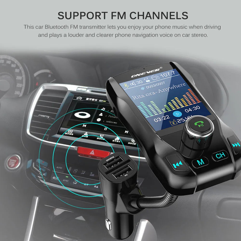 Black car Bluetooth FM transmitter with colour screen and dual USB ports plugged into a car power socket.