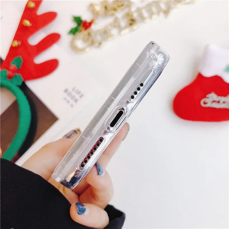 Transparent quicksand effect phone case with Santa Claus and Christmas tree design for iPhone and Samsung