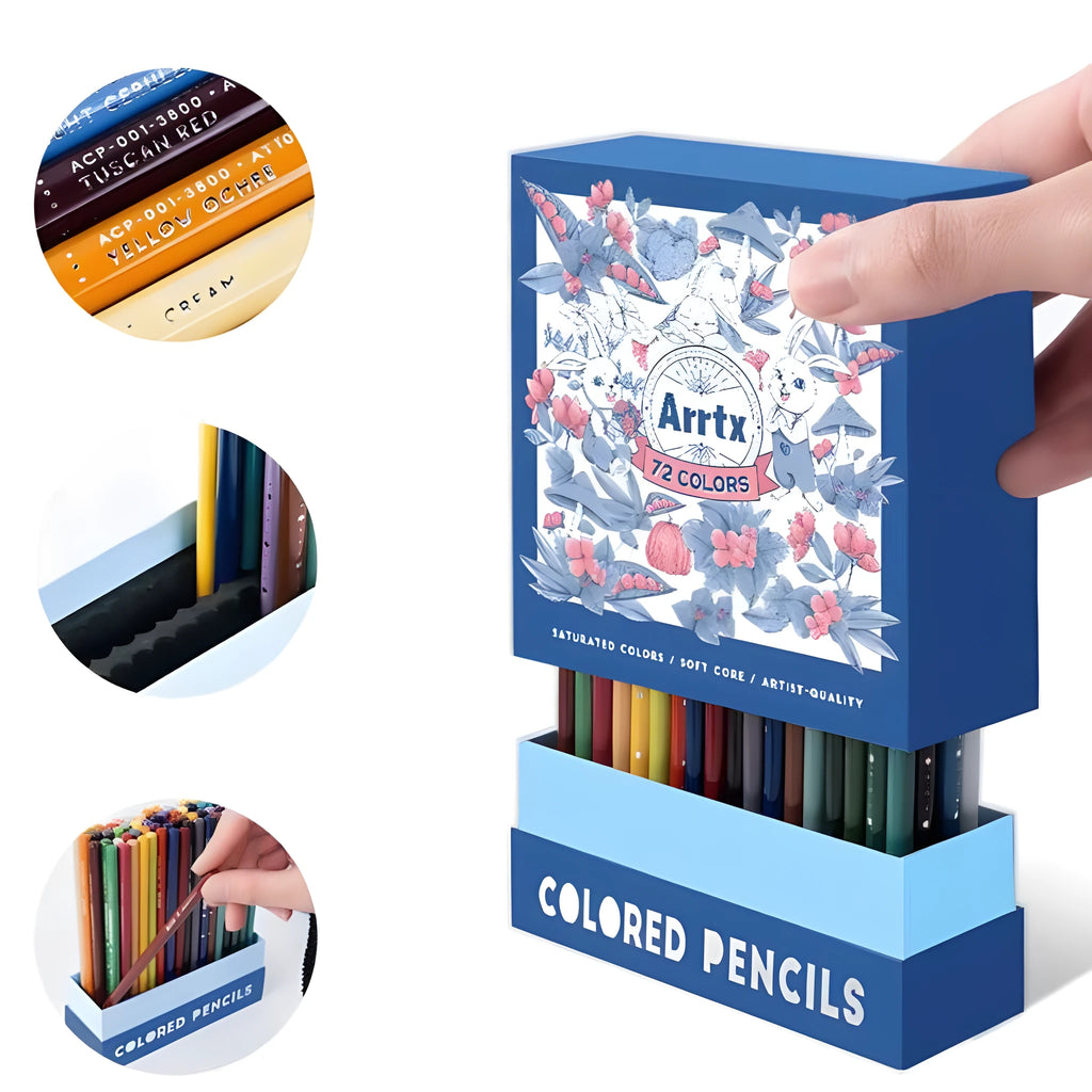 Set of 72 or 126 coloured art pencils with basswood barrels in boxed packaging.