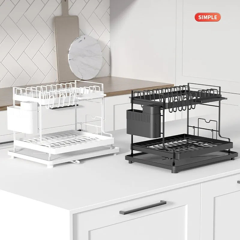White double-layer kitchen storage rack with removable draining components on countertop