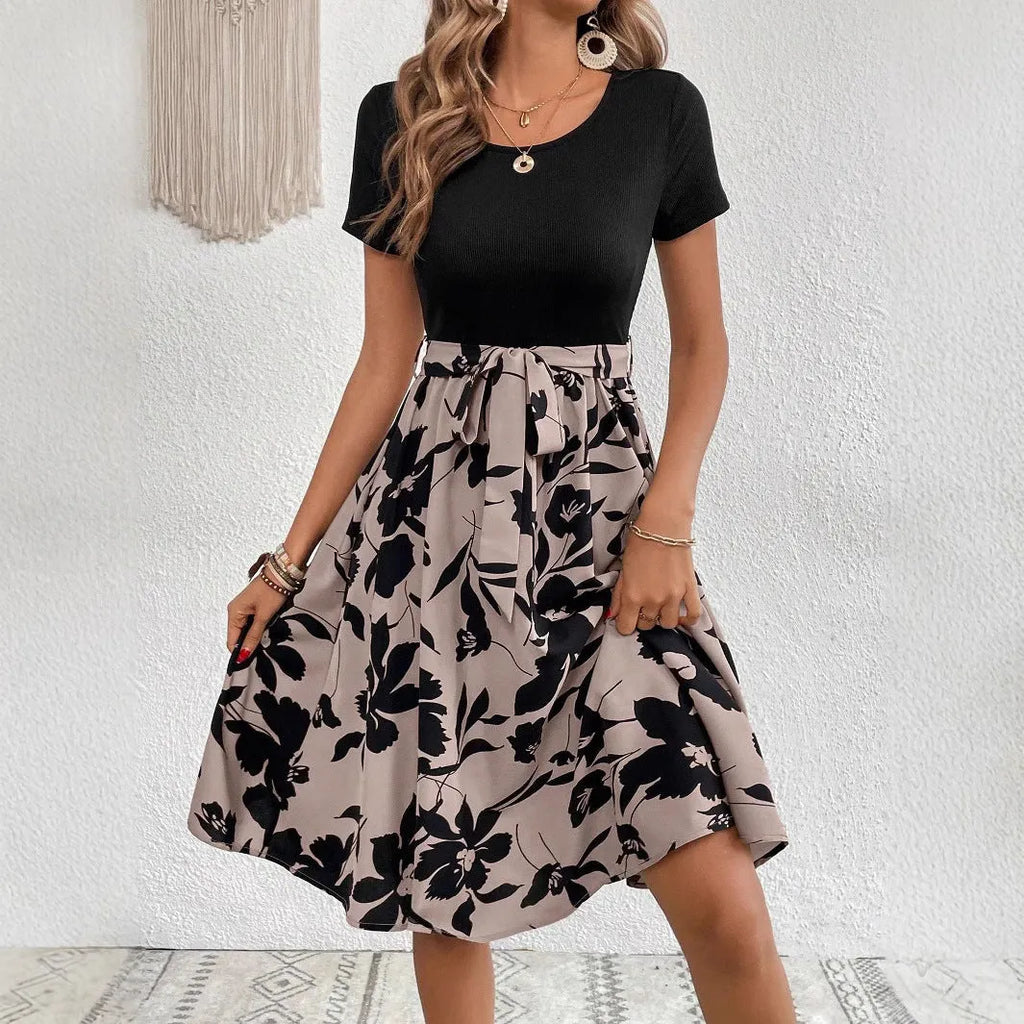Khaki casual women's A-line dress with lace-up detail and floral print.