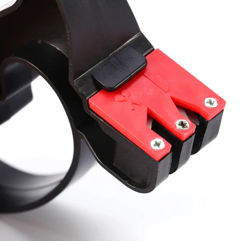 Black handheld knife and scissor sharpener tool on a white background.