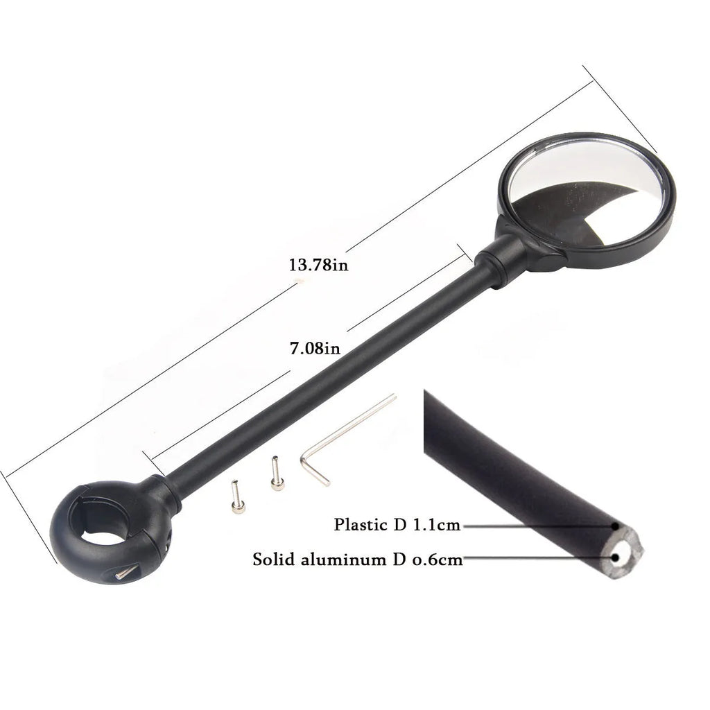 Black bicycle rearview mirror with hose adjustment mechanism mounted on handlebars
