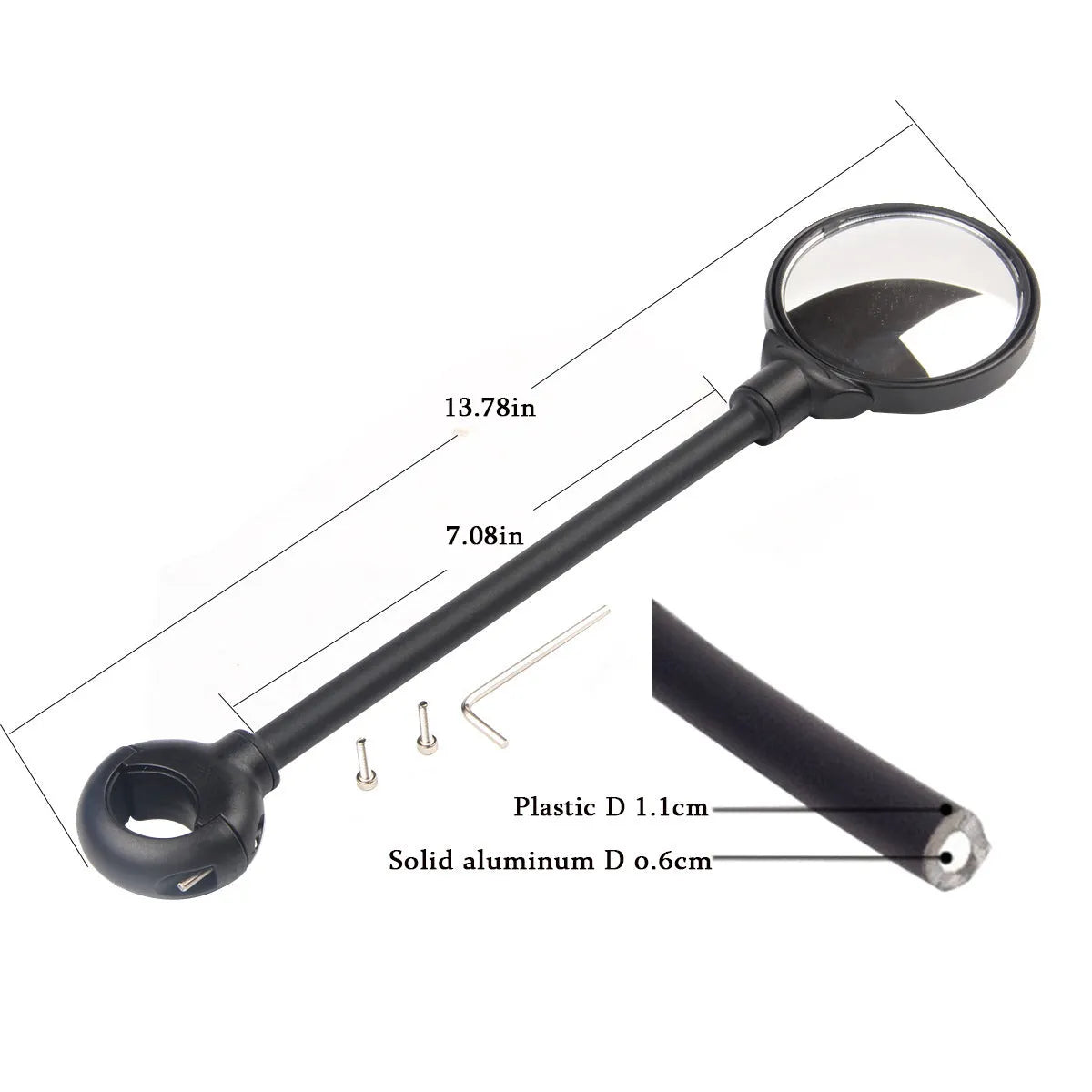 Black bicycle rearview mirror with hose adjustment mechanism mounted on handlebars