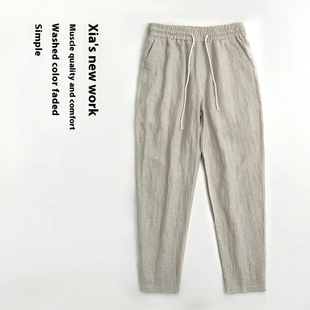 Men's striped linen-cotton casual trousers with a cropped length for summer.