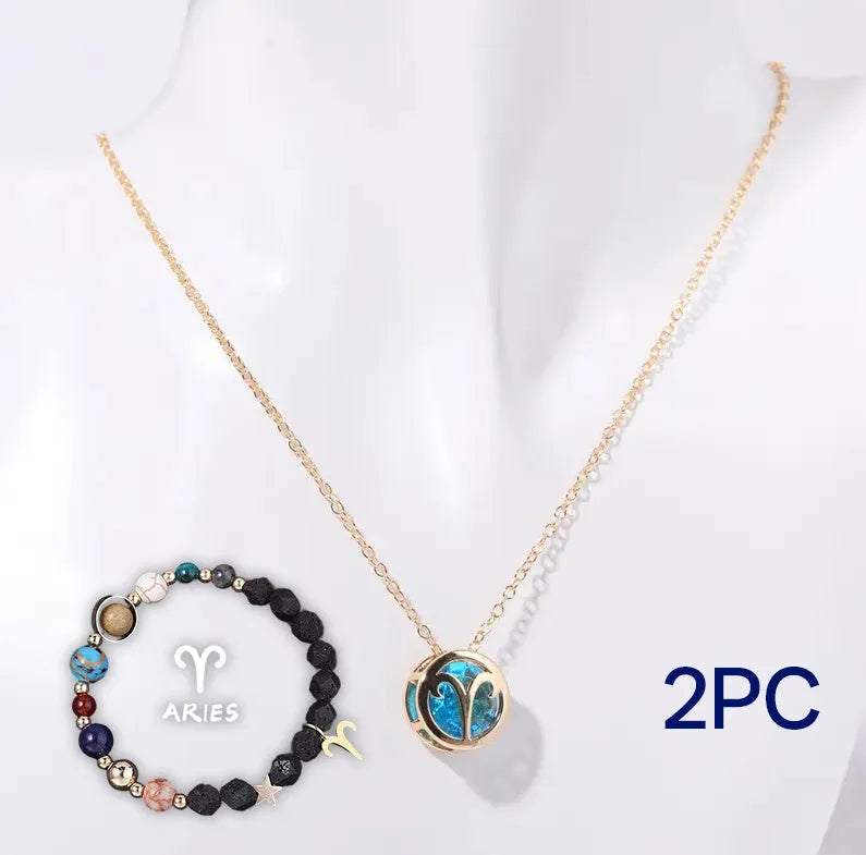 Natural stone beaded necklace and matching bracelet set laid flat, showing various bead colours and styles.