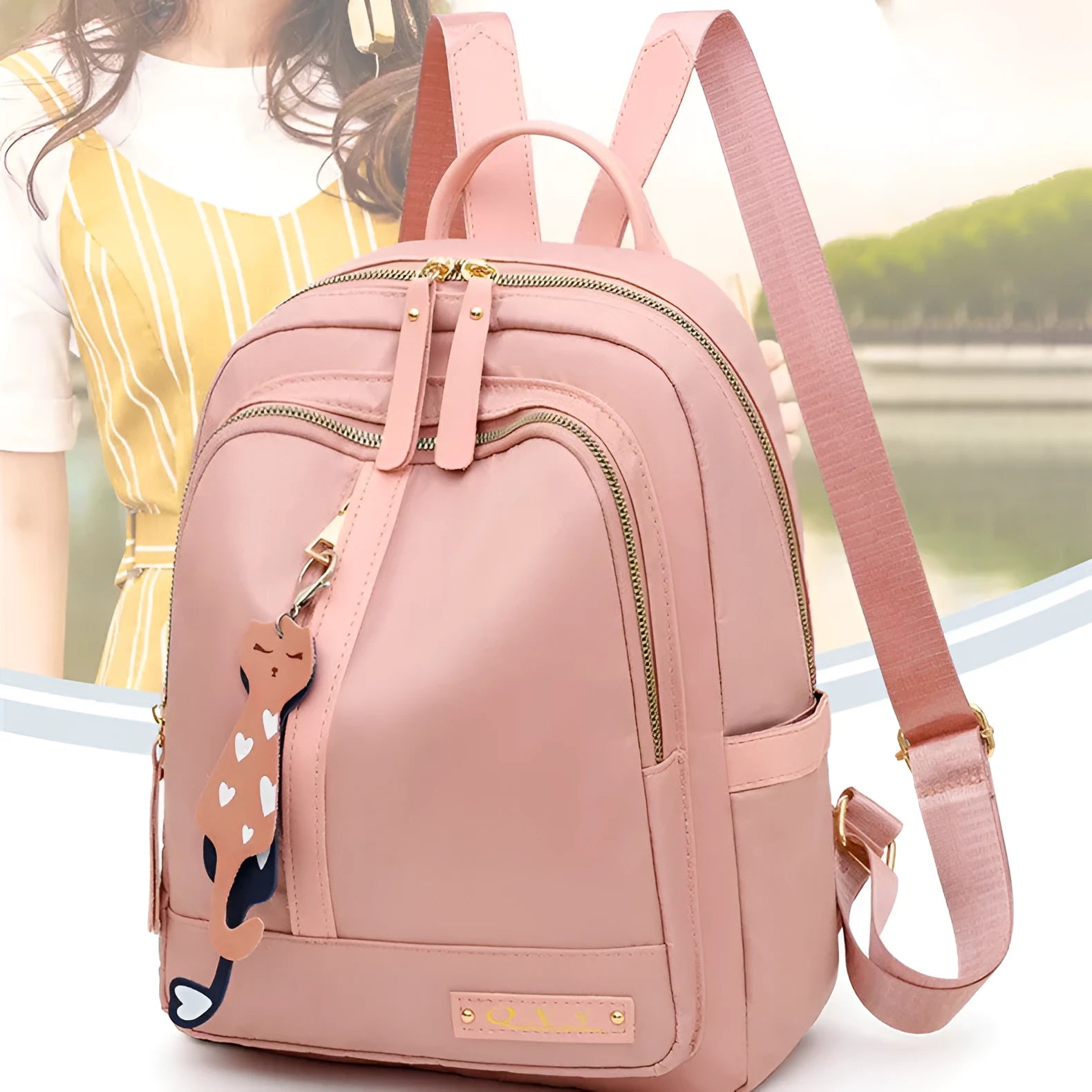 Men's black casual nylon backpack with shoulder straps, showing outer pocket and square vertical shape.