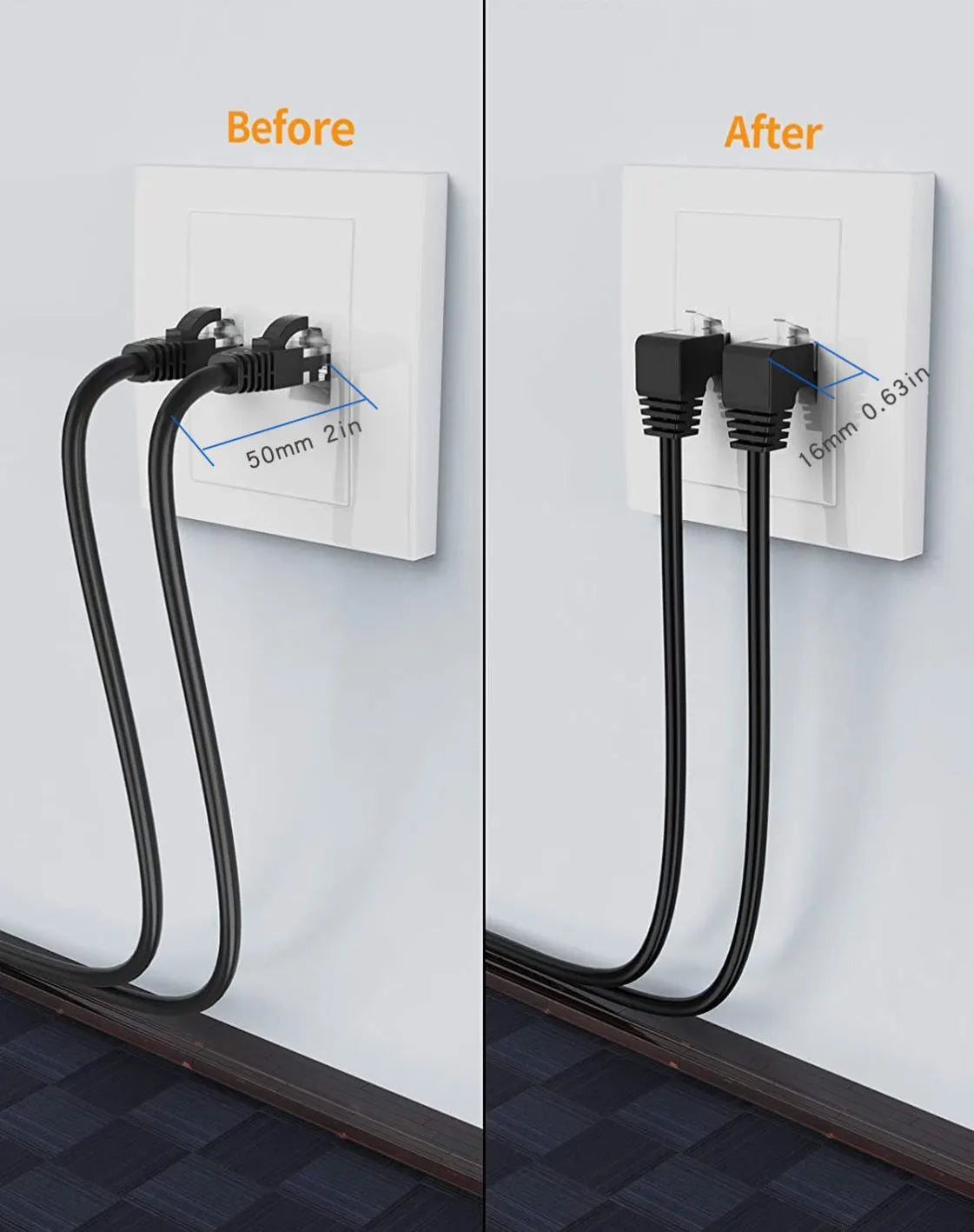 Cat6 right-angle Ethernet network cable with metal RJ45 connectors in various colours.